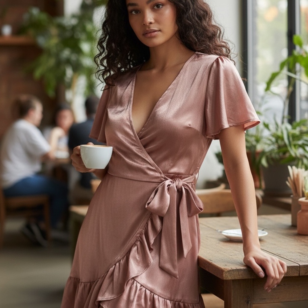 Mi Ami Metallic Pink Wrap Midi Dress